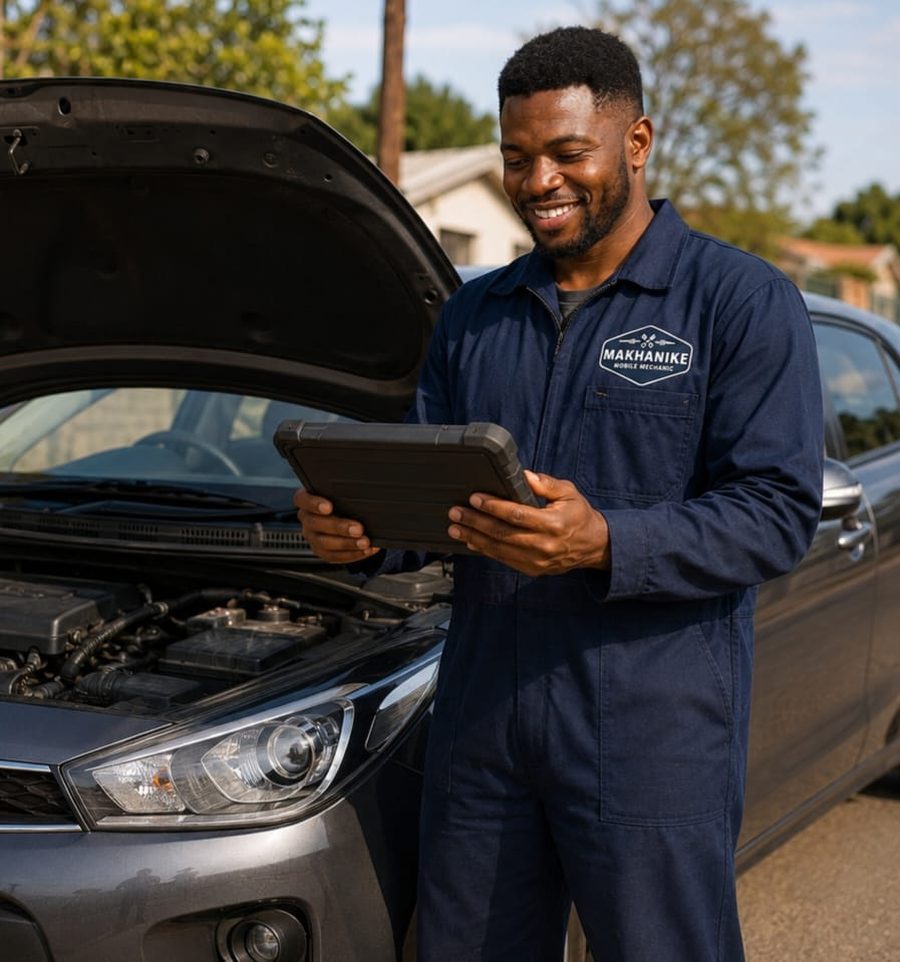 Makhanike technician running on-site vehicle diagnostics with a professional scan tool
